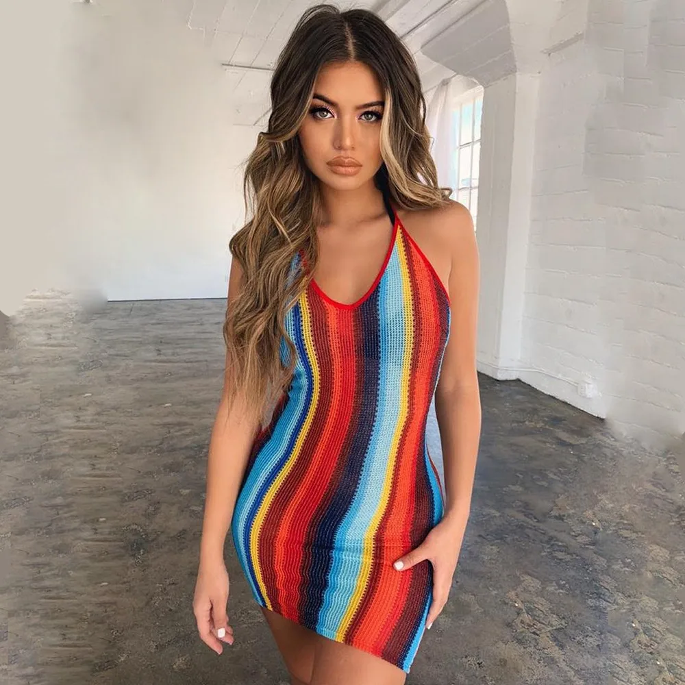 

Halter Neck Waistless Backless Color Matching Dress Multicolor Suspenders Round Neck Bag Hip Nightclub Style Mini Skirt Ladies