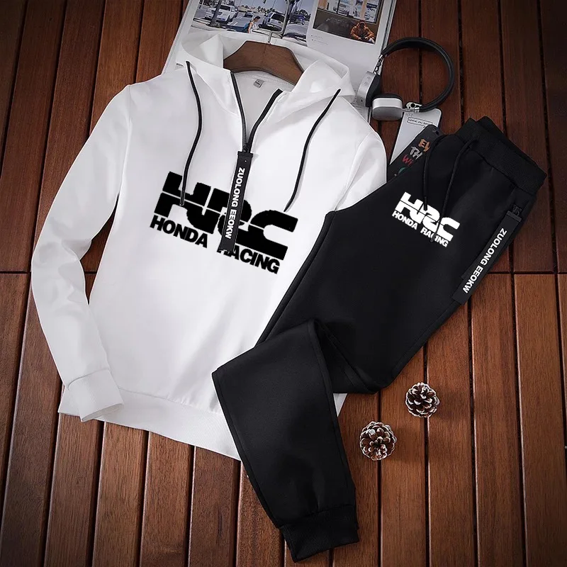 

Solid color Spring Autumn Men's suits HRC Car Logo Print high quality cotton Collocation Men's stripe Hoodie+Pants 2-piece set
