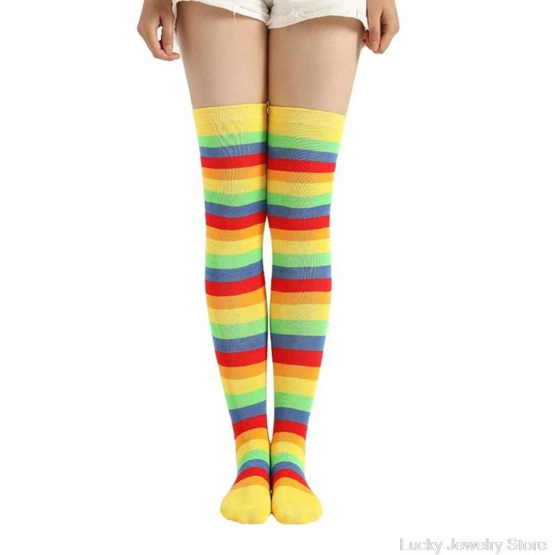 

Women Girls Fancy Rainbow Colorful Stripes Over Knee Long Socks Halloween Cosplay Costume Knitted Stretchhy Thigh High Stockings