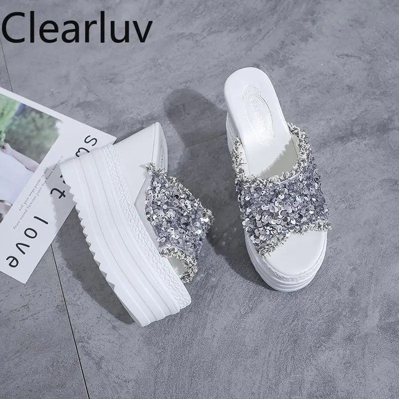 

High-heeled Slippers, Slope-heeled Sponge Cake, Ladies Slippers, Ultra-high-heeled 13CM Sandals Fashion Slippers with Sequins