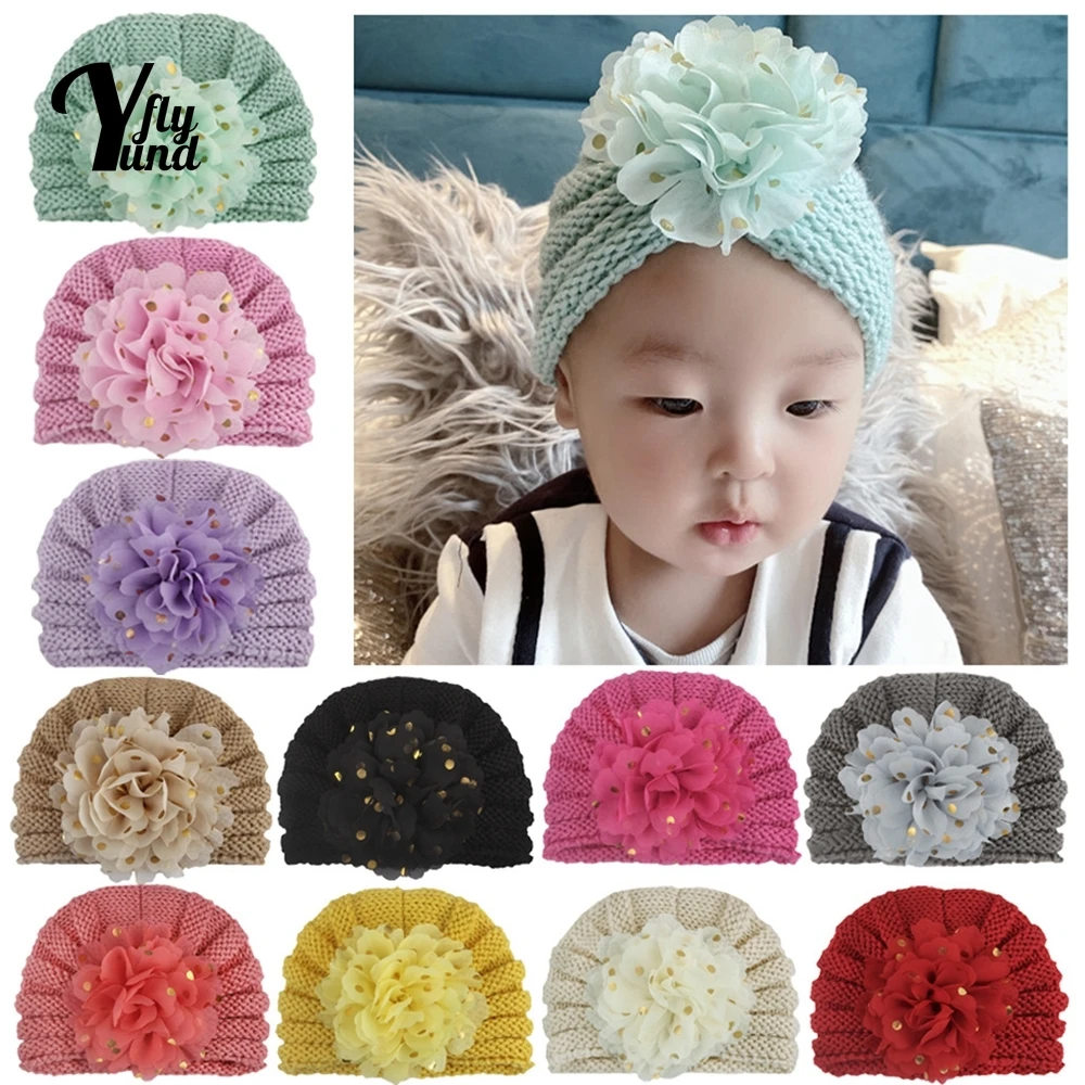 

Yundfly Infant Autumn and Winter Warm Knitting Wool Caps Cute Golden Dots Flowers Baby Indian Hats Kids Accessories Holiday Gift