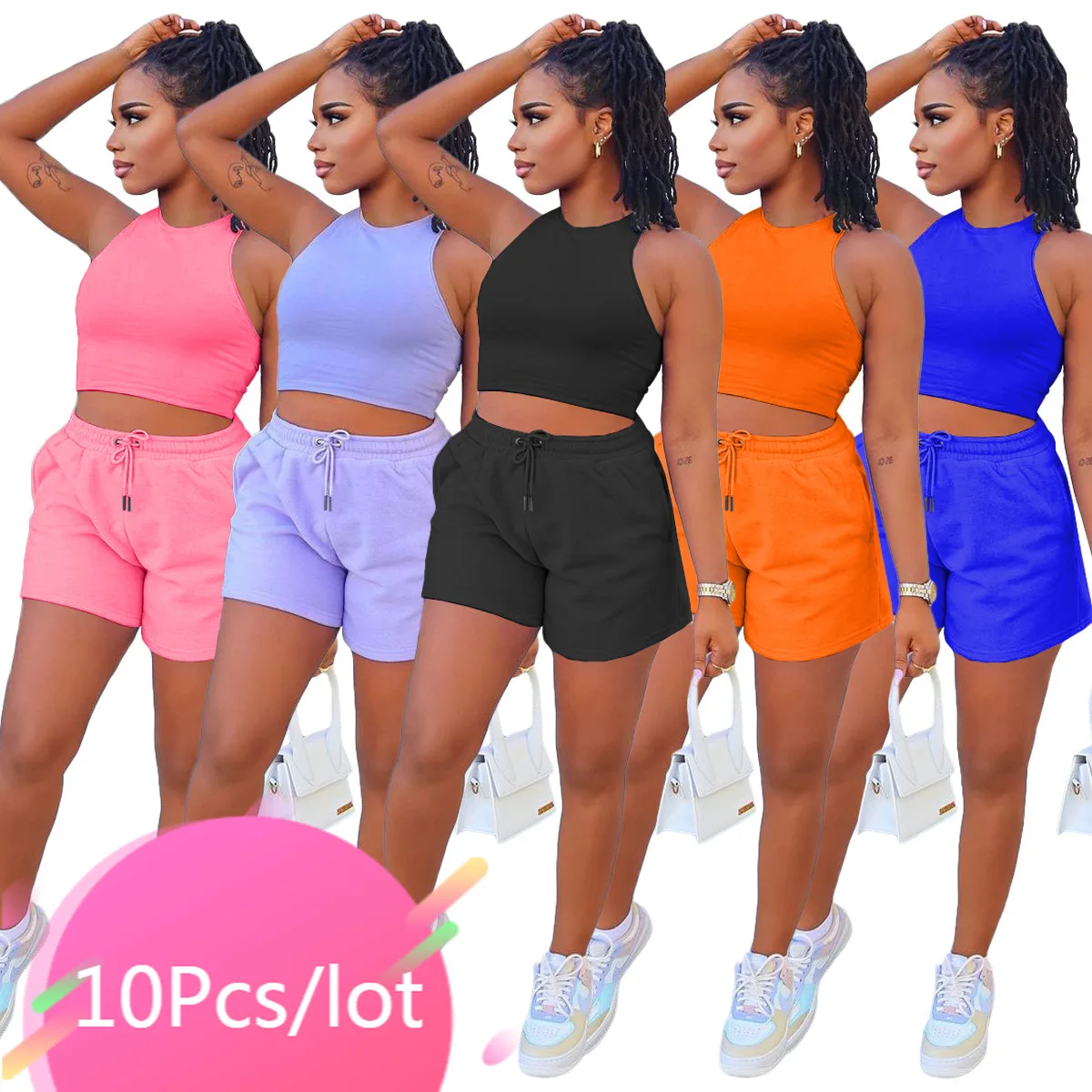 

Wholesale Bulk Items Lots Sexy Women Summer Shorts Set O Necklace Crop Top and Drawstring Biker Shorts Two Piece Home Suits 2021