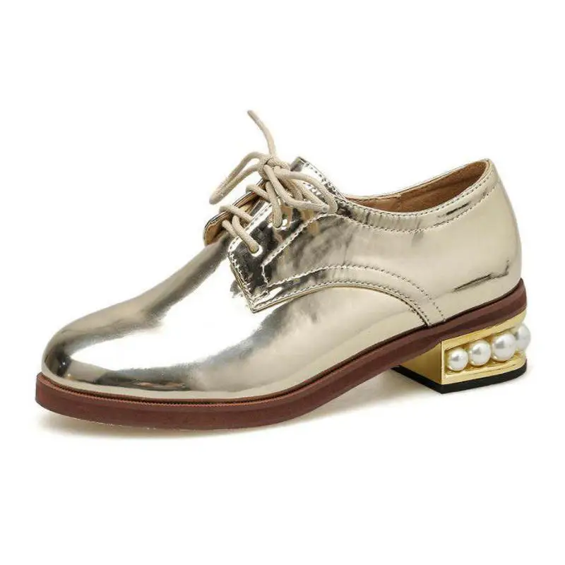 Gold Silver Women Shoes Vintage British Wind Round Head Lace-up Pearl Thick Heel Patent Leather Women's Single Shoes