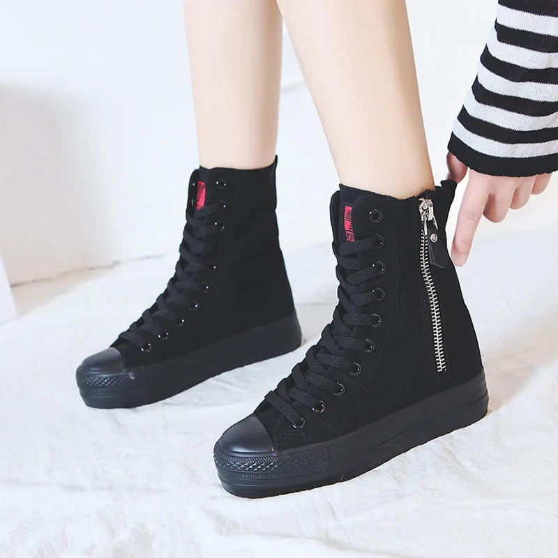 

Fashion Women Shoes Canvas Casual High Top Shoes Long Boots Lace-Up Zipper Comfortable Flat Boots Sneakers Size35-40
