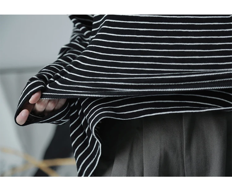 

IEFB Men's Black White Stripe Cassic Comfortable T-shirt Customized Woven O-neck Long Sleeve Causal Loose Basic Tops New 9Y4928