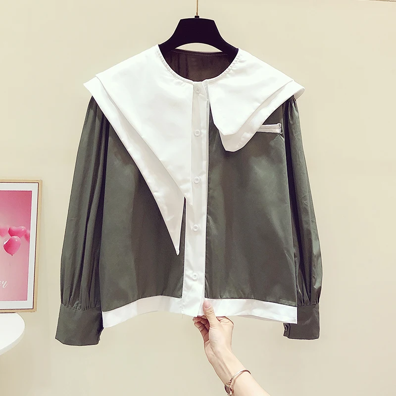 

Новинка весны 2021 корейский стиль необычный кукольный воротник сшитый Свободный Топ Женская модная рубашка армейские зеленые блузки