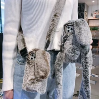 cute rabbit long ear handbag fur case cover with fluffy long strap for samsung galaxy note 20 10 9 8 s21 s20 ultra s1098 plus