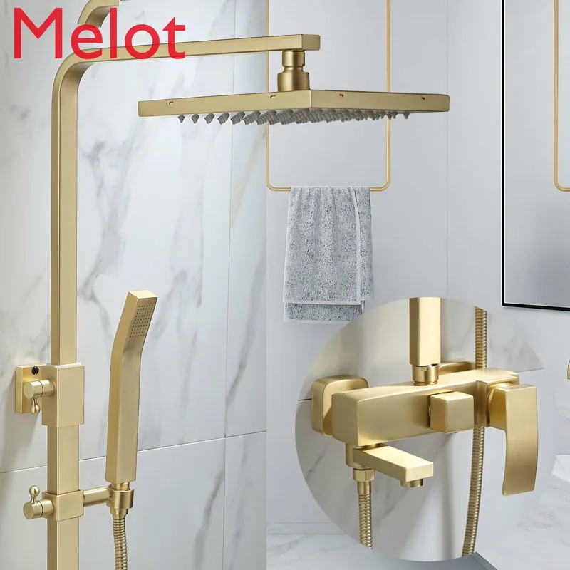 

Nordic wire drawing gold square simple light luxury shower set ins wind gold hot and cold copper faucet
