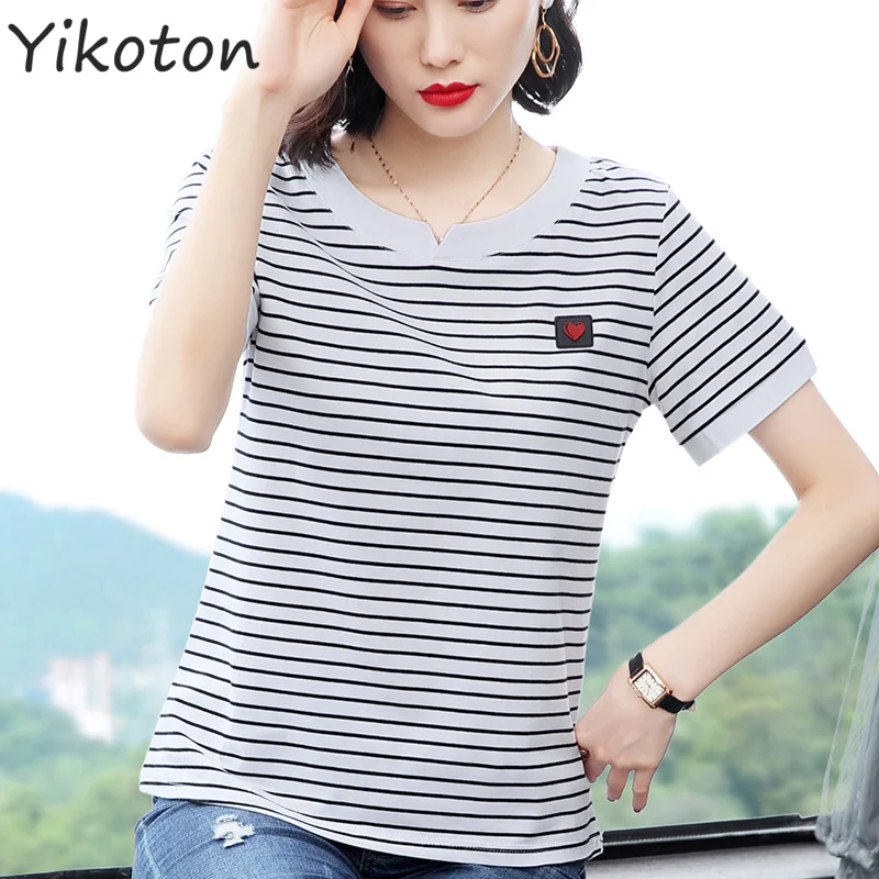 

2022 New Summer Clothes For Women Casual Clothing O-Neck Short Sleeve T-shirts For Girls Basic Tops Female White Stripe Tee Top