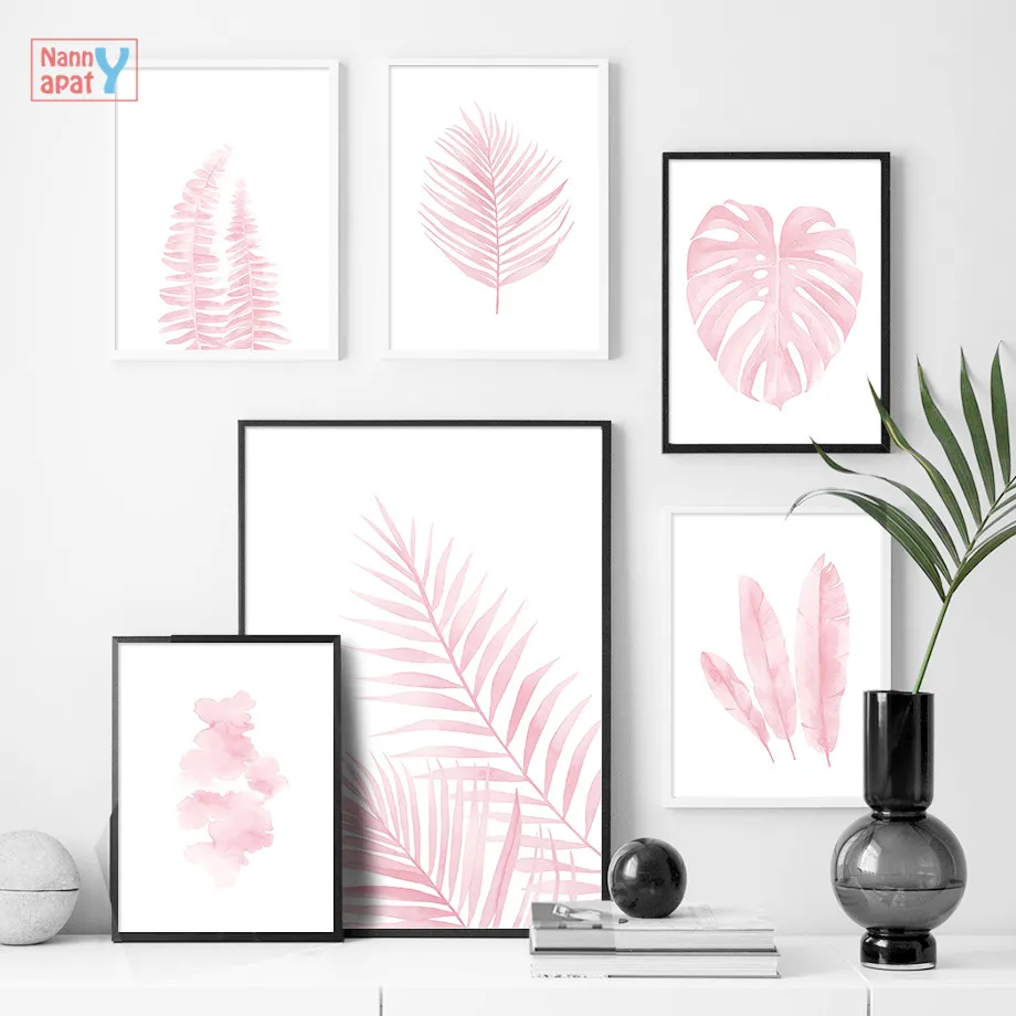 

Pink Plant Poster Monstera Feather Leaf Tropical Plant Wall Art Canvas Painting Nordic Wall Prints Picture For Living Room Decor