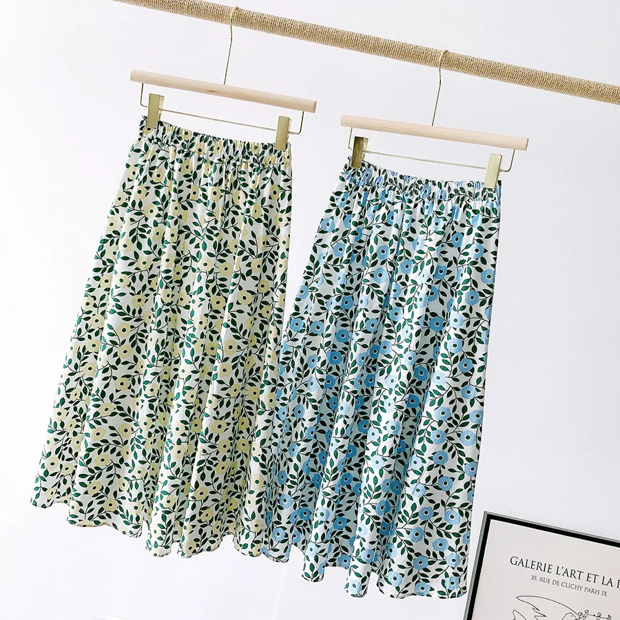 

Summer Skirts Womens 2021 New Vintage Floral Print Chiffon Pleated Skirt Elastic High Waist Casual Midi Skirt Women Clothes Jupe