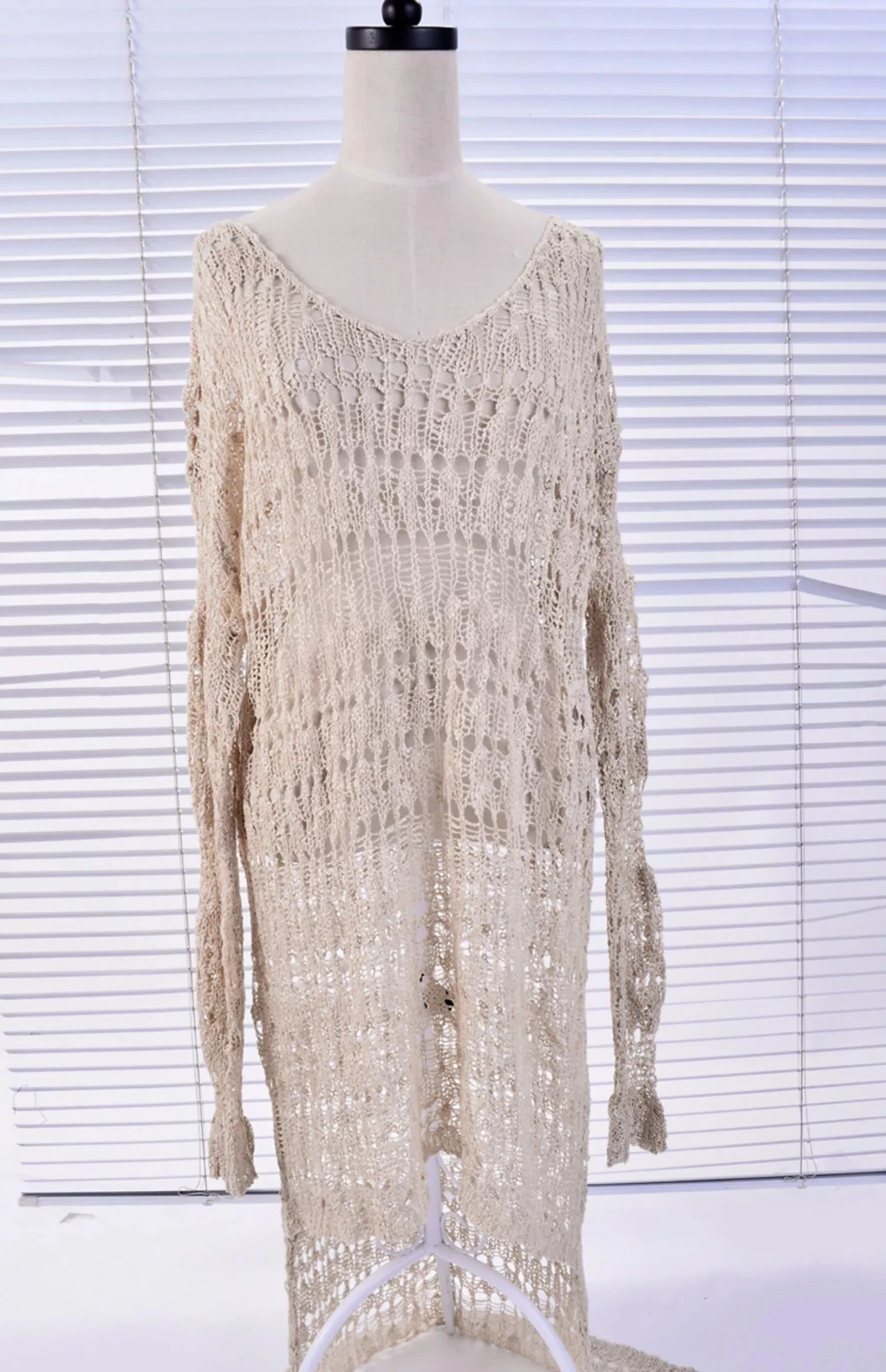 

Beach Dress Swimsuit Tropical Hollow Out Swimwear Solid Long Sleeve Beach Tunic Summer Cover Ups