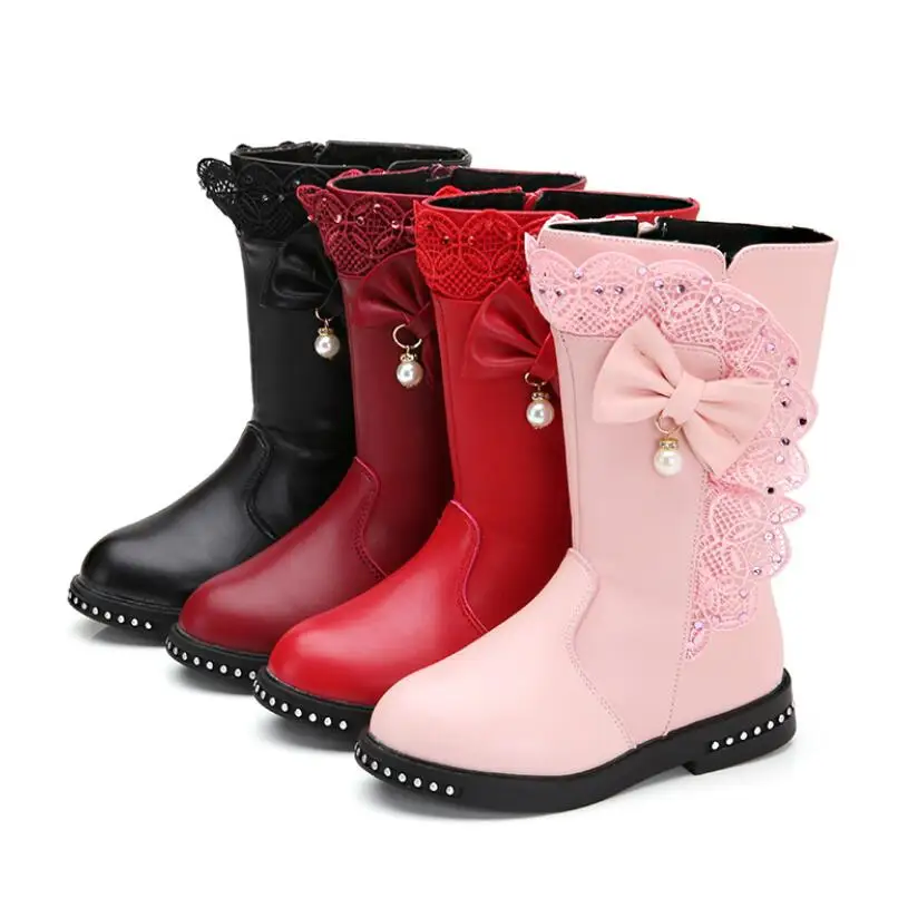 

Autumn Kids single boots children's snow boots winter warm girls boots Leather fashion princess boots plus velvet lace bow shoes