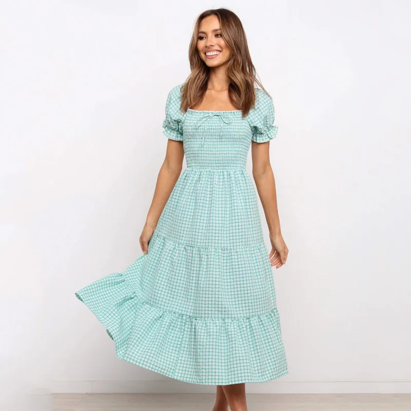 Ardm Elegant Sqare Collar Ruffle Women Dress Summer Plaid Puff Sleeve Vintage Madi Dress A-Line High Waist Party Dresses 2021 