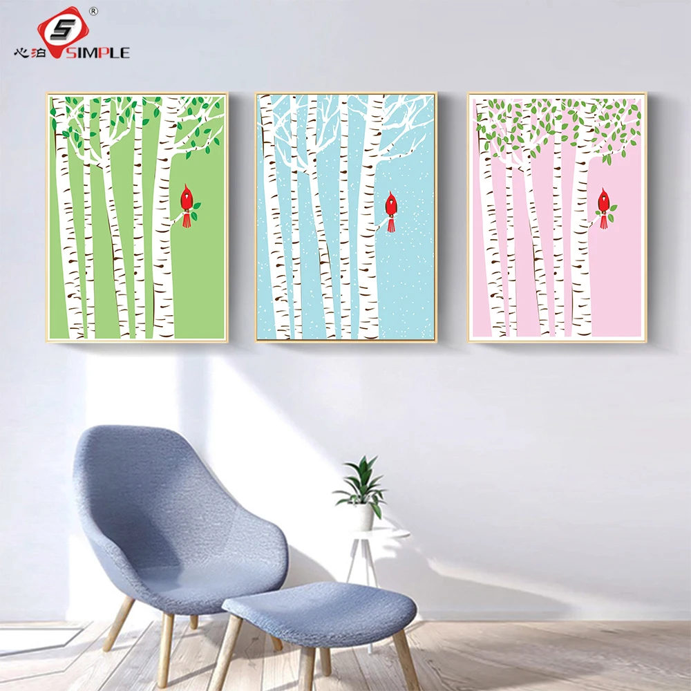

Nordic Seasonal Change Spring Summer Autumn Winter Poster Canvas Painting Brich Tree Red Bird Art Print Wall Home Office Decor