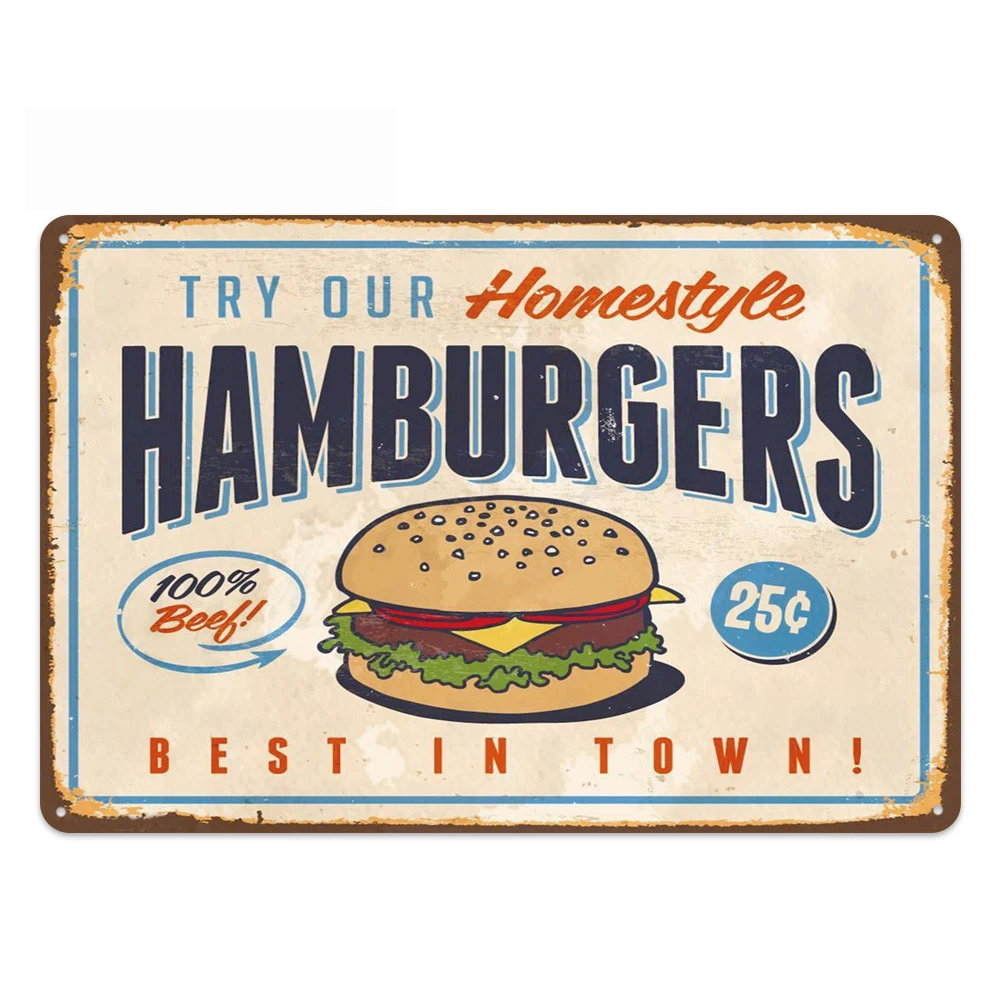 

New Delicious Hamburger Metal Signs Fast Food Burgers Wall Plaque Hotel Cafe Family House Home Decor Vintage Party Bbq Poster