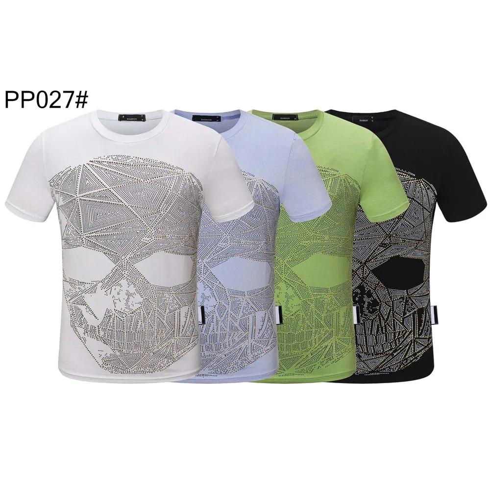 

Fashion Brand T-shirt Men Solid Color Tops 3D Diamond-Printed Men Plein Skull T-shirt Short-sleeved Street Hip-hop Style T-shirt