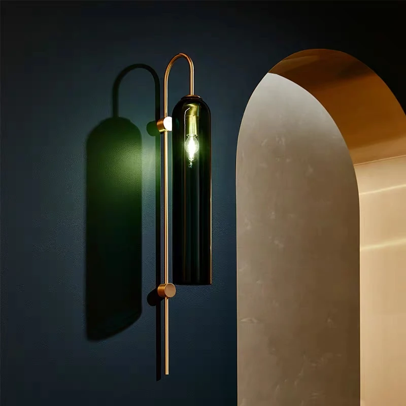 

Настенный светильник в скандинавском стиле, зеленое стеклянное оформление, прикроватная лампа для спальни, отеля, креативное настенное бра