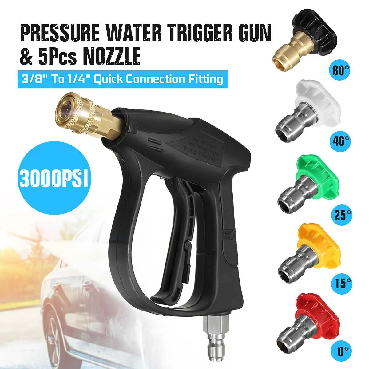 

3000psi High Pressure Washer Water Guns 3/8" 1/4" Quick Connect Adapter with 5 Nozzle Tips Spray Pot for Karcher Car Washing