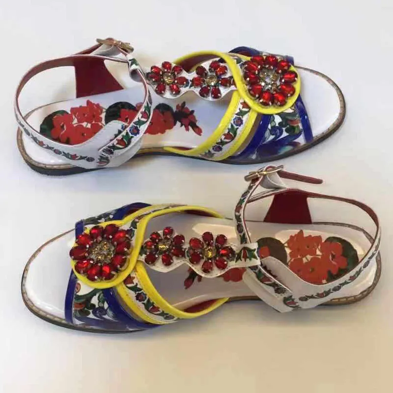 Богемные летние сандалии с этническим принтом пляжная обувь на плоской подошве
