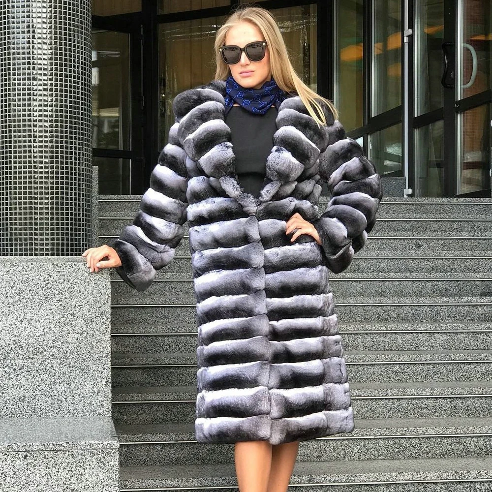 Real Rex Rabbit Fur Coat Women 2021 Winter New Genuine Chinchilla Color Rex Rabbit Fur Coats with Turn-down Collar Luxury Outfit