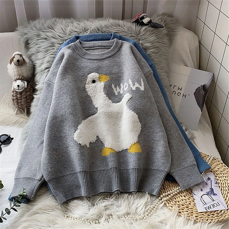 

36963 Women's Knitted Sweater Loose Fashion Casual Cute Sweet Girl Kawaii Cartoon Duck Girlfriend Long Sleeve O-Neck Pullover