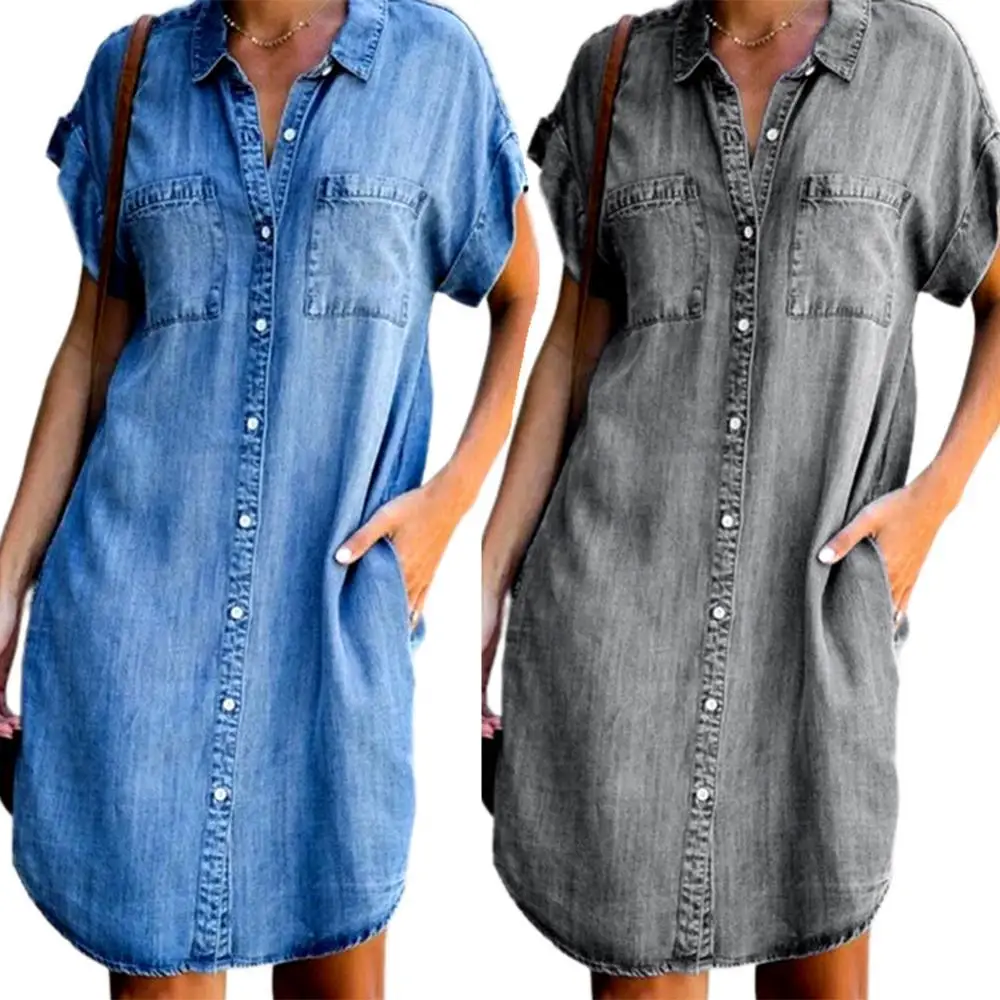 

Women Short Sleeve Pockets Single-breasted Irregular Hem Knee-length Denim Dress