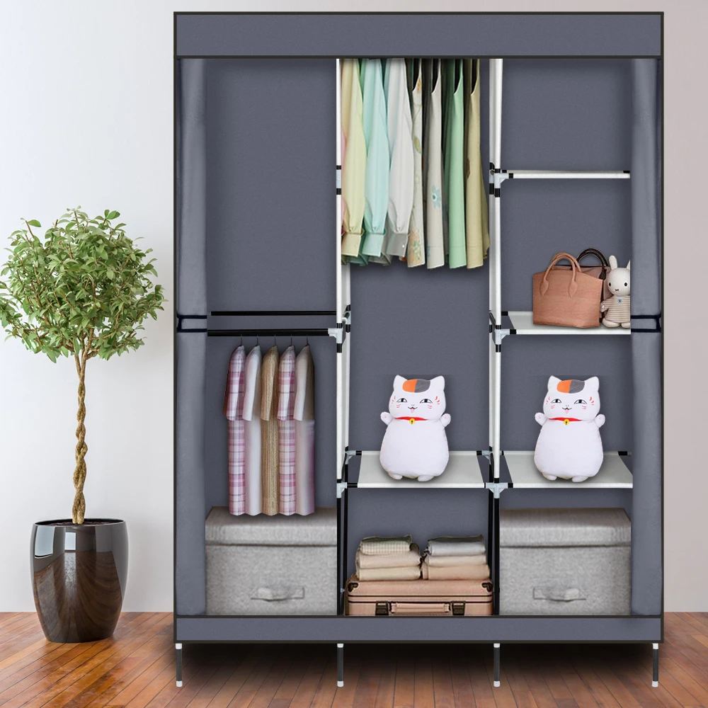 Modern Solid Color Non-woven Fabric Closet with Side Pocket Zipper Door Curtain Bedroom Wardrobe Clothes Storage Rack Furniture
