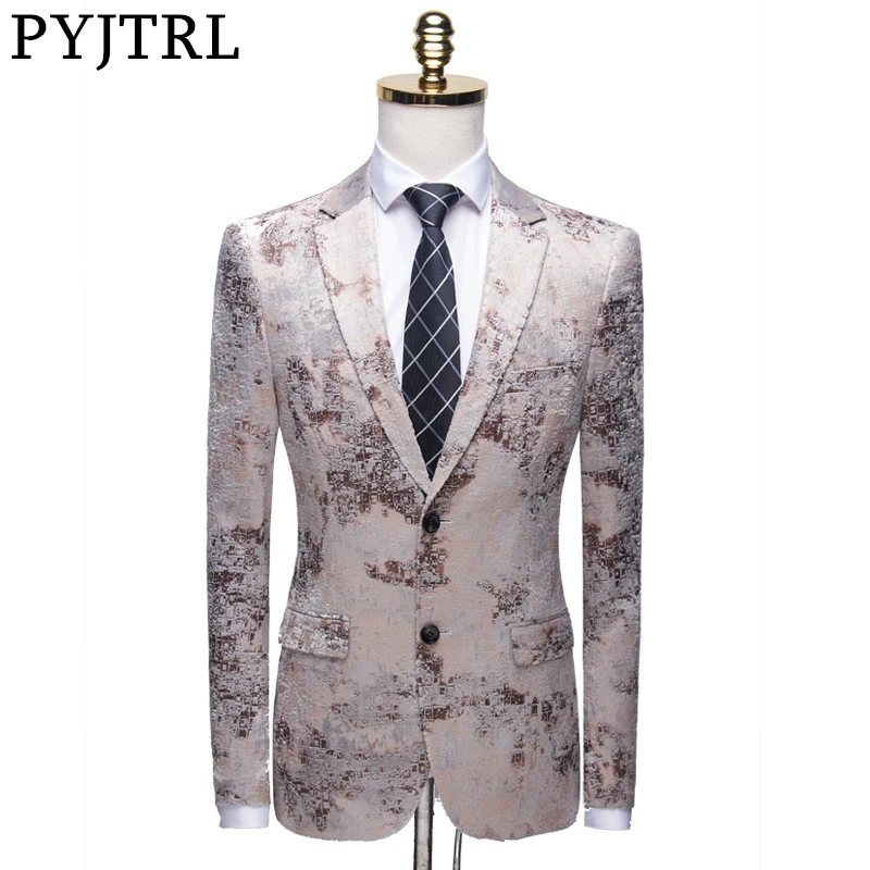 PYJTRL Quality Men Jacquard Blazer Light Brown Blue Floral Pattern Wedding Groom Prom Dress Suit Jacket Stage Singers Clothing | Мужская