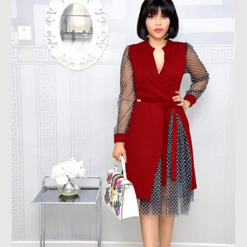 

HIJABMUSS Middle East Plus Size Women's 2021 Fashion V-neck Stitching Polka Dot Net Yarn Slit Dress African Ladies Dress