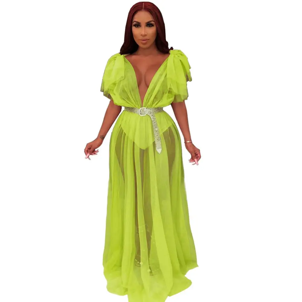 Loloey флуоресцентные зеленые прозрачные сетчатые Длинные вечерние платья для