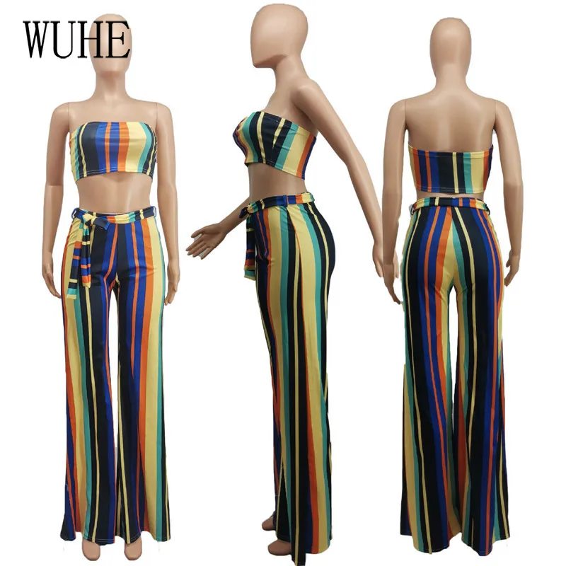 

WUHE Colorful Stripe Print Vintage 2 Suits Breast Wrap Off Shoulder Sleeveless Top and Bandage Lace Up Pants Party Club Wear
