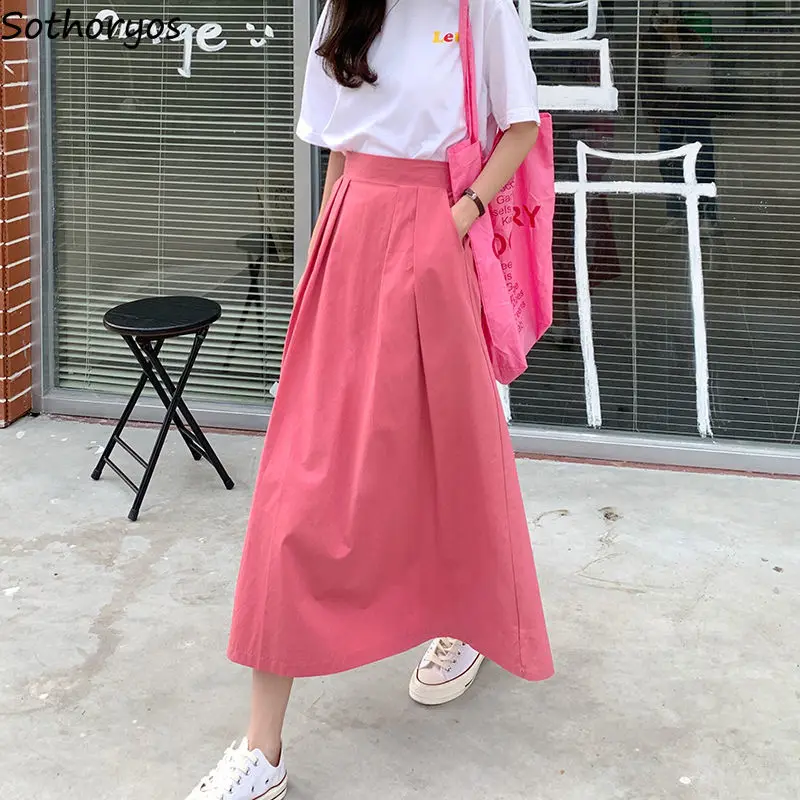 

Solid Skirts Women Simple Gentle Pockets Mid-calf Students Basic Cozy S-3XL Loose Ulzzang Fashionable Females All-match Popular