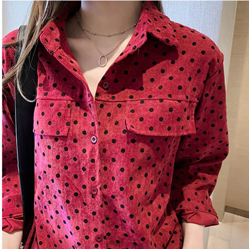 2019 осень новая Женская Ретро волна красная Свободная рубашка большого размера с