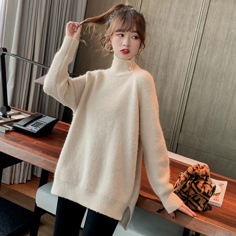 Зимние свободные пальто для беременных однотонные вязаные пуговицы Водолазка с