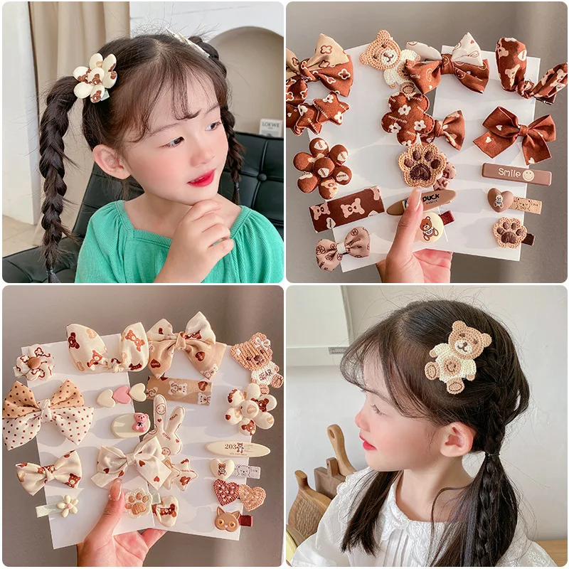 

Autumn And Winter Children's Milk Coffee Color Bow Hairpin Korean Version Of The Cute Little Bear Princess Hairpin Set Female
