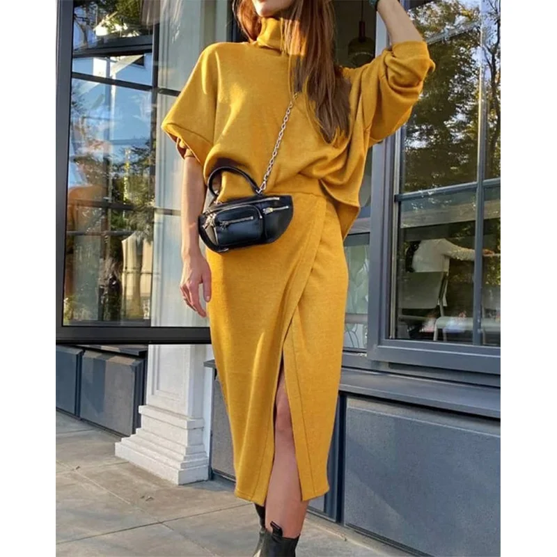 

Women Skirts Set Autumn Winter New Conjunto Feminino Solid Long Sleeve Loose Women Crop Top and Skirt Set Two Piece Outfits
