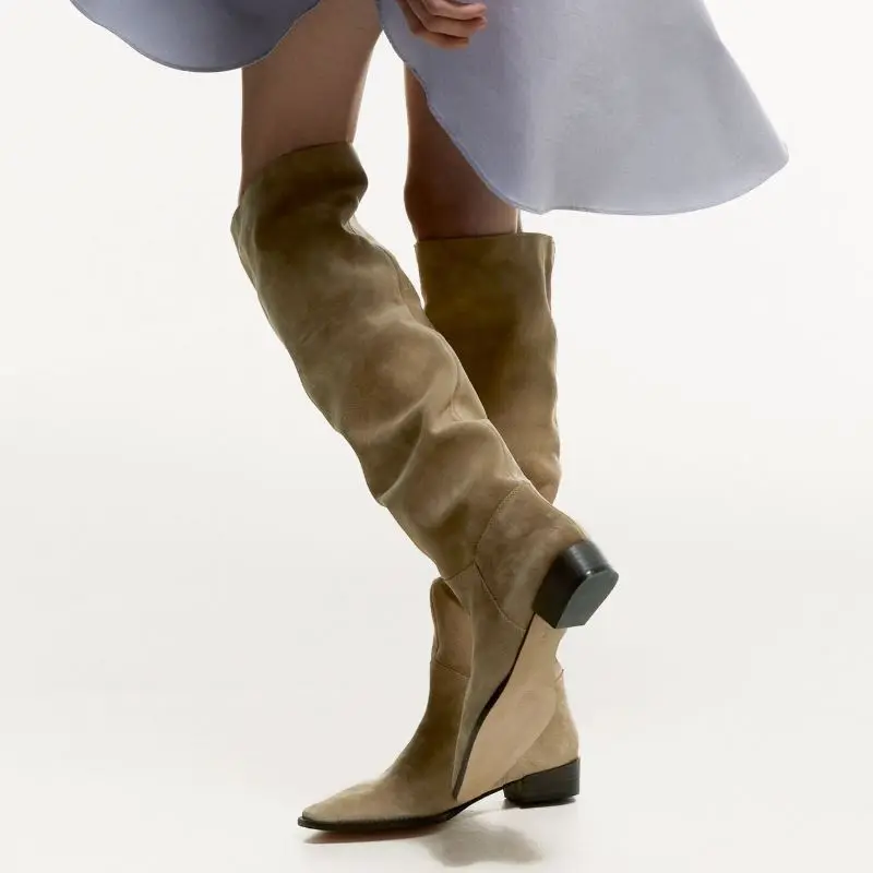 

New Women Knee High Boots Real Leather Square Heel Long Boots Women Fashion Winter Shoes Ladies Footwear Size 35-42