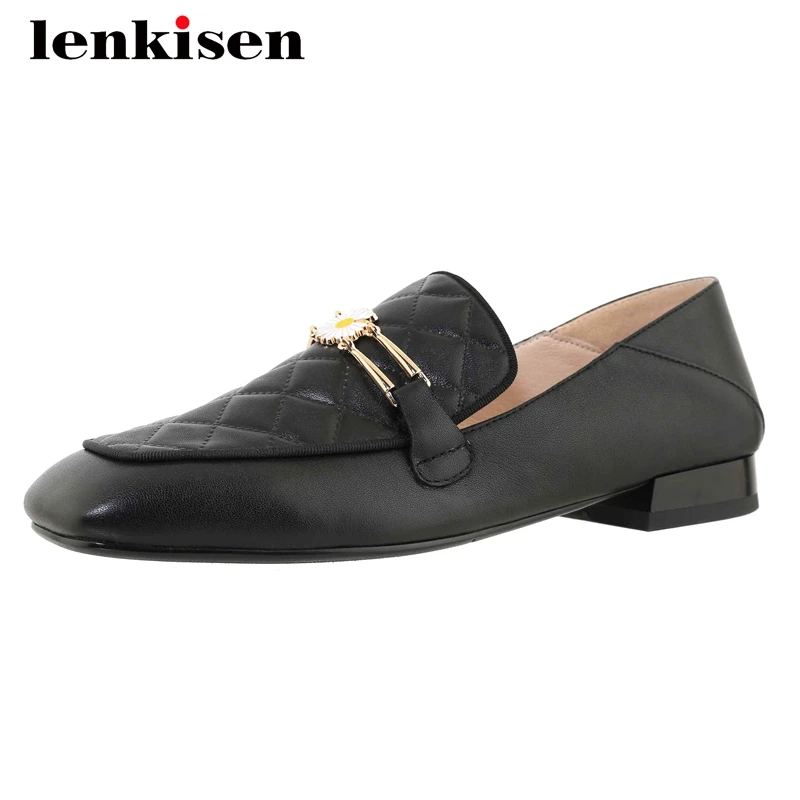 

Lenkisen full grain leather simple style flower decorations square toe low heel slip on classic colors soft cozy women pumps L25