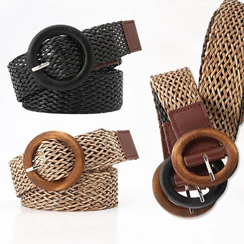 

Knitted Women Braided Belt Luxury Brand Waistband Female Wood Round Buckle Jeans Wild Circle Pin Waist Band Strap