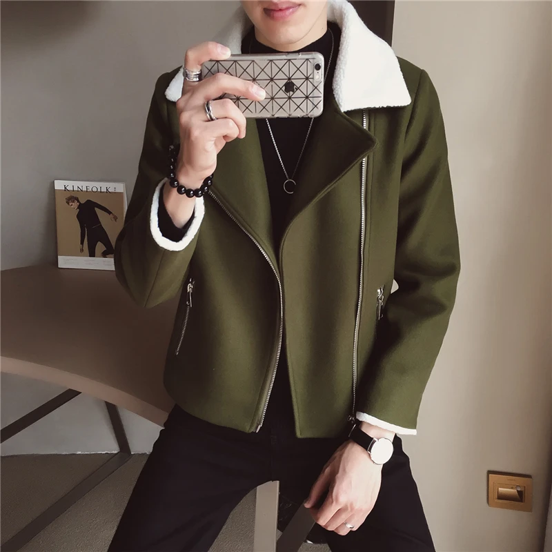 2021 Winter Warm Short Wool Coat Korean Slim Fit Lamb Collar Jacket Men Casual Trend Green Black Youth | Мужская одежда