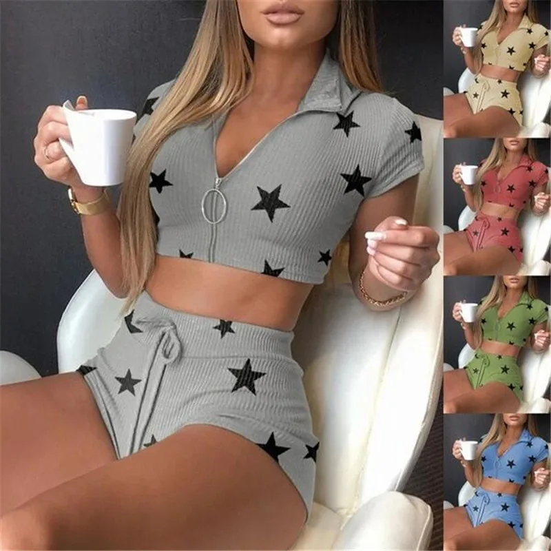 

2021 Sexy Women Pajama Sets Short Sleeve Crop Top & Shorts 2Pcs Suit With Zip Female Spring Summer Pyjamas Femme Homewear S-2XL