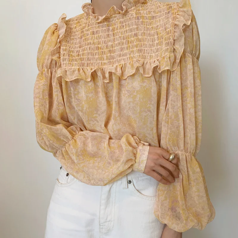 

ZAWAHIKI Spring Puff Sleeve Stand Neck Blooming Pleated Wrinkle Stitching Loose Korea Chic Chiffon Shirt Sweet Women
