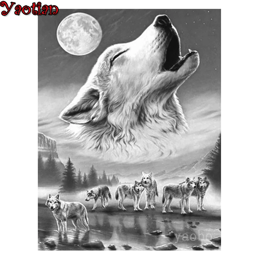 Алмазная 5D картина Набор для вышивки крестиком в виде волка семьи животных Луны
