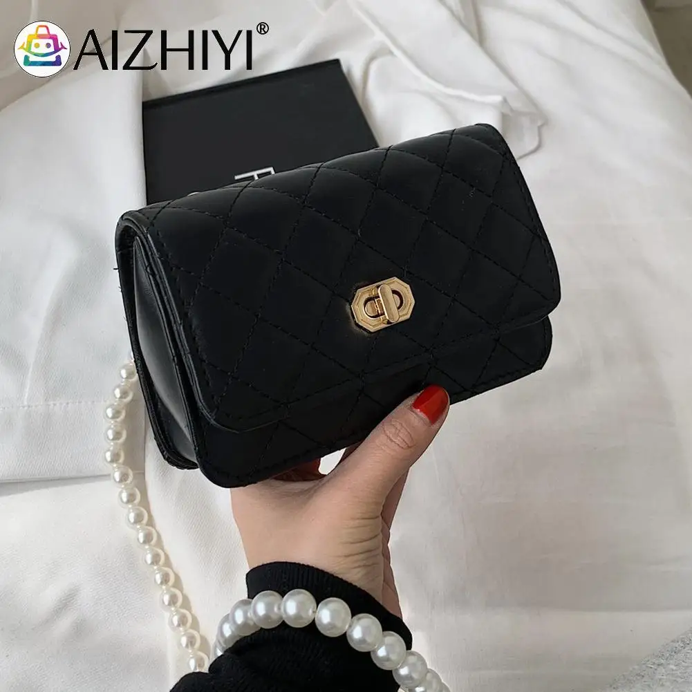 

Fashion Women PU Leather Lattice Pattern Pure Color Pearl Chain Crossbody Shoulder Messenger Bag Vintage Ladies Mini Purses
