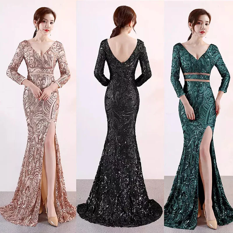 

Sexy Backless V-neck Long Sleeve Evening Dress High-end Banquet Host Formal Occasion Women's Sequined Embroidered Party Gown