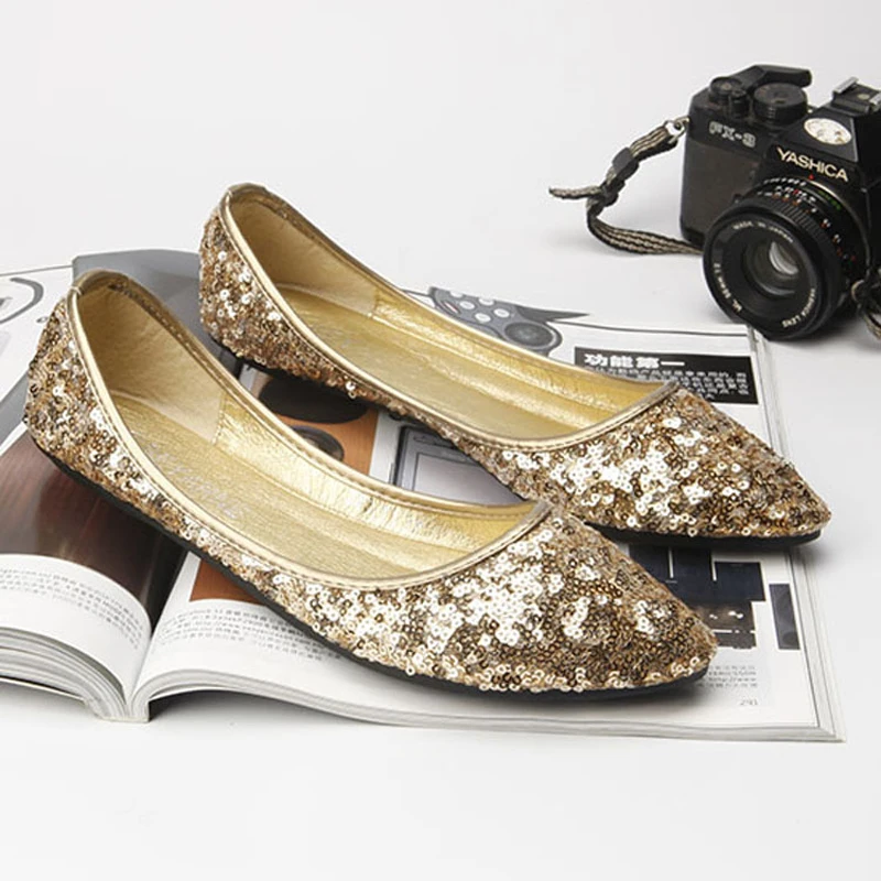 Балетки женские с блестками плоская подошва заостренный носок без застежки