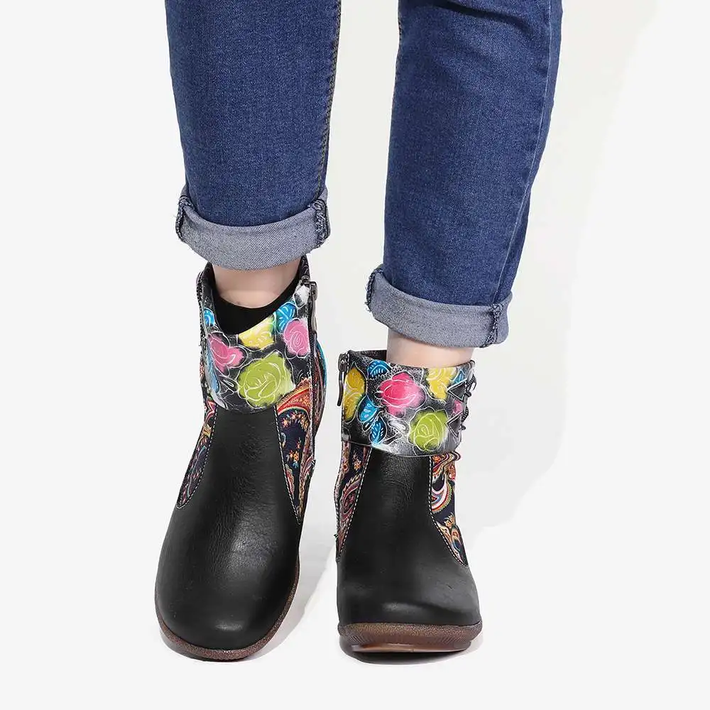 SOCOFY botas mujer; удобные черные ботильоны из натуральной кожи на плоской подошве в стиле ретро с рисунком розы; женская обувь на каблуке; вечерние зимние ботинки; коллекция года