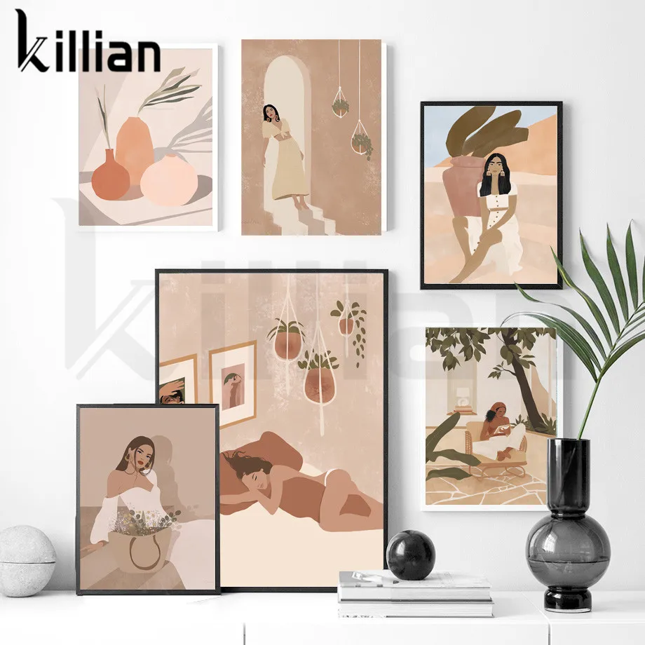 

Boho Fashion Model Girls Vase Flower Landscape Canvas Painting Wall Art Nordic Posters and Prints Wall Pictures Home Decoration