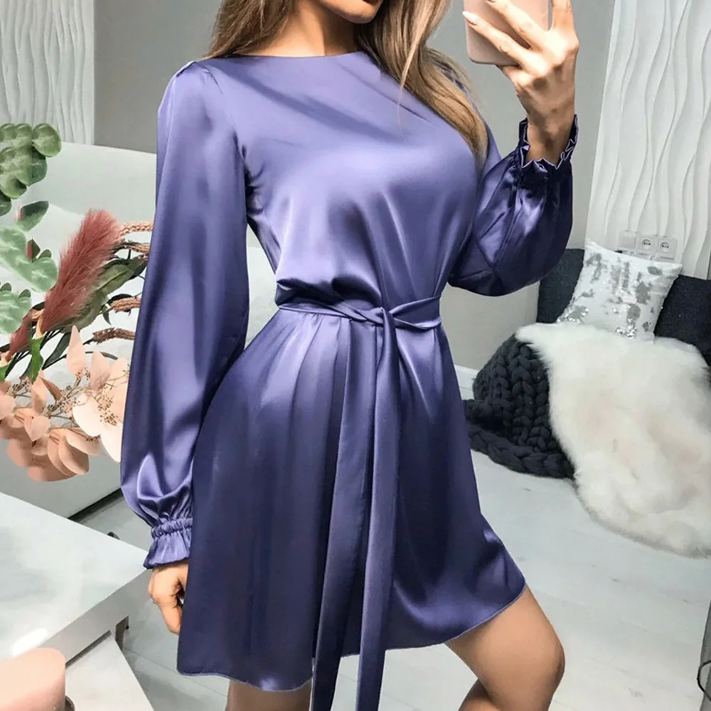 

Western Style Ladies Dresses Spring Autumn New Fashion Temperament Simple Elegant Hot Sale Satin Lantern Sleeve One Shoulder